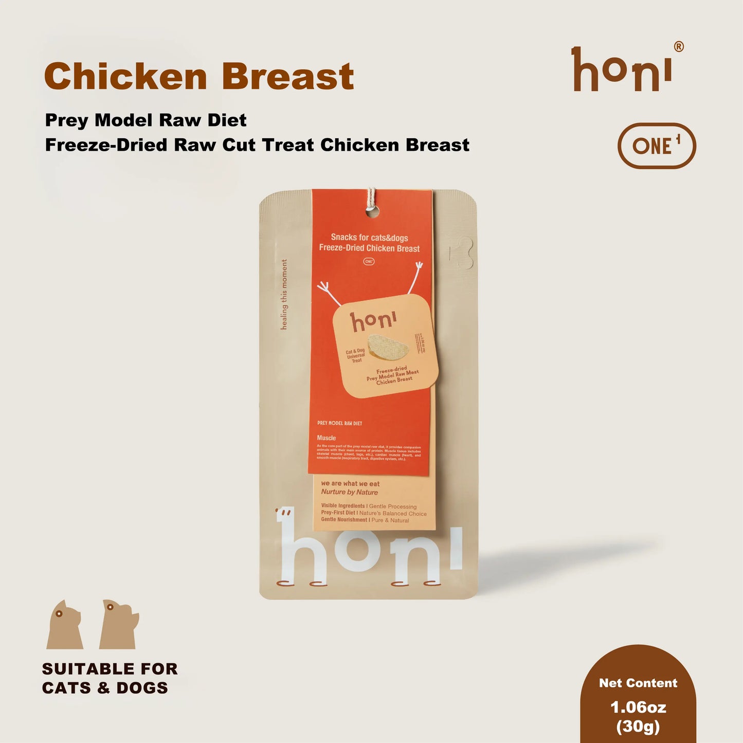 Freeze-Dried Raw Cut Natural Chicken Breast Treats for Cats & Dogs, Single-Ingredient Grain-Free Dental Chews, Low-Sensitivity No-Preservatives Training Rewards, 30G per Bag