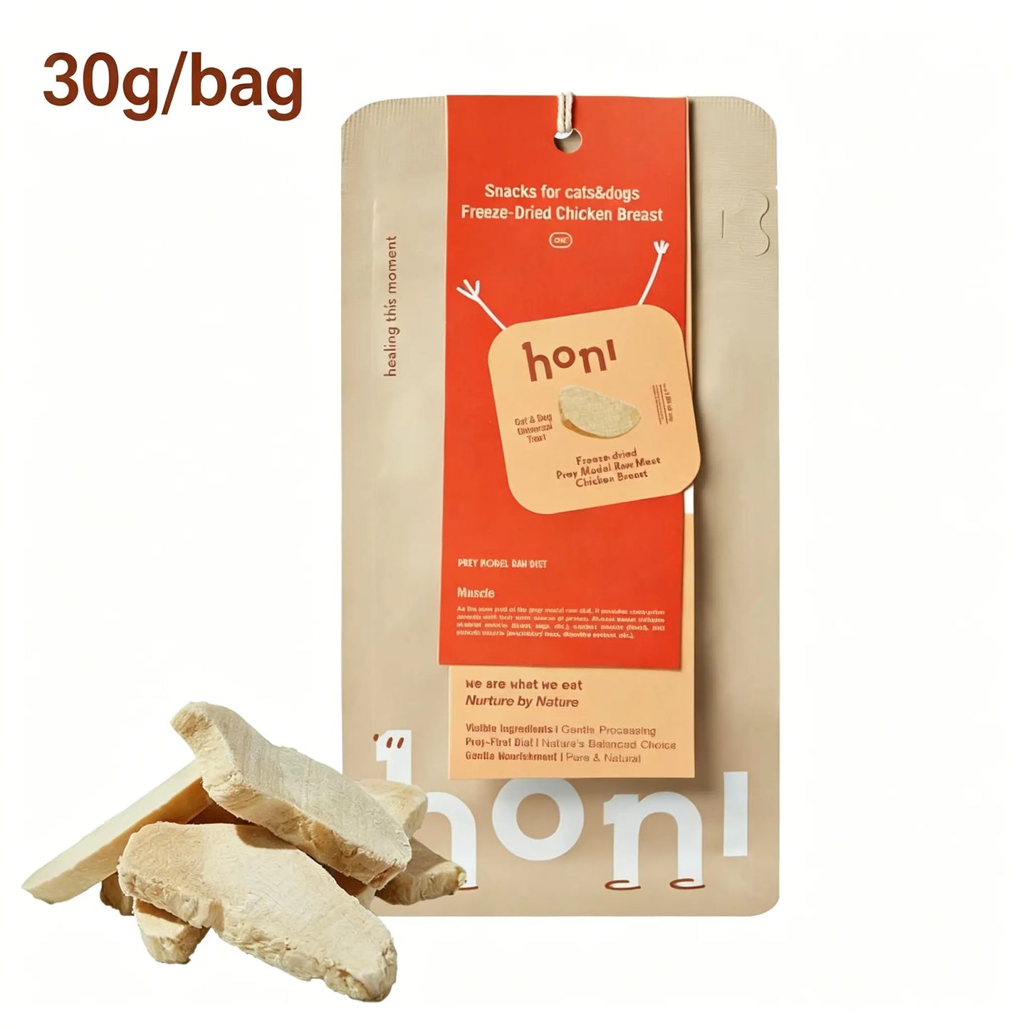 Freeze-Dried Raw Cut Natural Chicken Breast Treats for Cats & Dogs, Single-Ingredient Grain-Free Dental Chews, Low-Sensitivity No-Preservatives Training Rewards, 30G per Bag