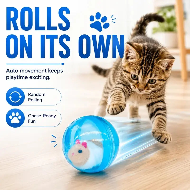 Boredom Buster Smart Cat Toy USB Rechargeable Auto-Rolling Ball with Mouse Hands-Free Play for Indoor Cats, Automatic Interactive Rolling Kitten Play Enrichmenttoy to Kill Kitty Boredom